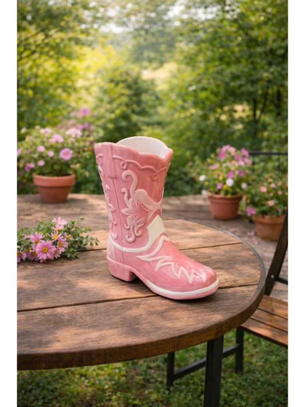 New Pink / White Western Cowgirl Boot Decorative Flower Table Vase Room Decor
